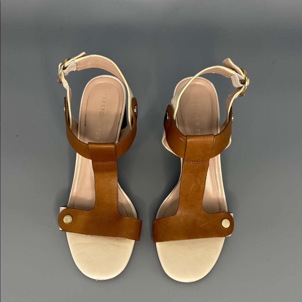 Preston & York Faye Tan Leather T-Strap Block Heel Sandals - Size 6.5